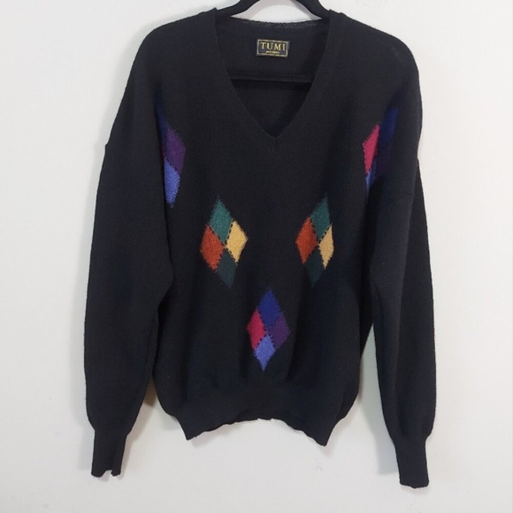 Tumi Men Argyle Alpaca Sweater Size XL Preppy Retro Campus  90s V-neck Pullover